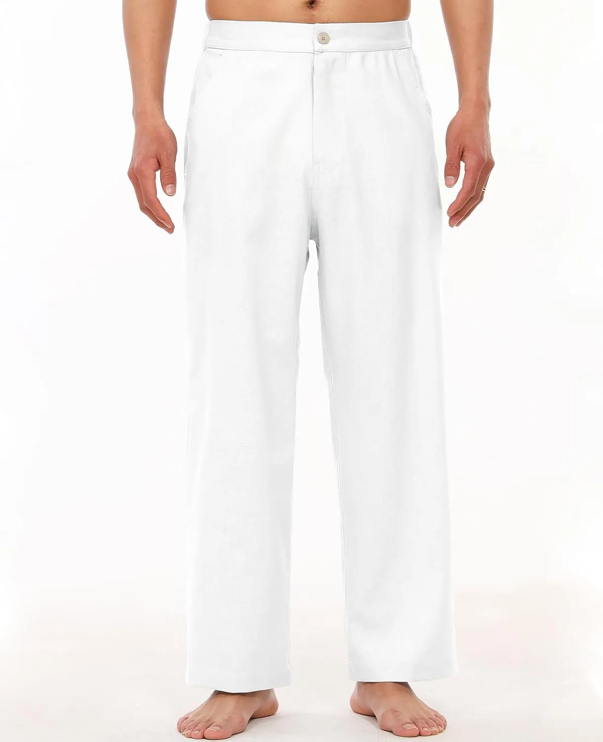 ThCreasa Mens Casual Elastic Waist Drawstring Pants Cotton Linen Baggy Lounge Pants Beach Trousers with Pockets