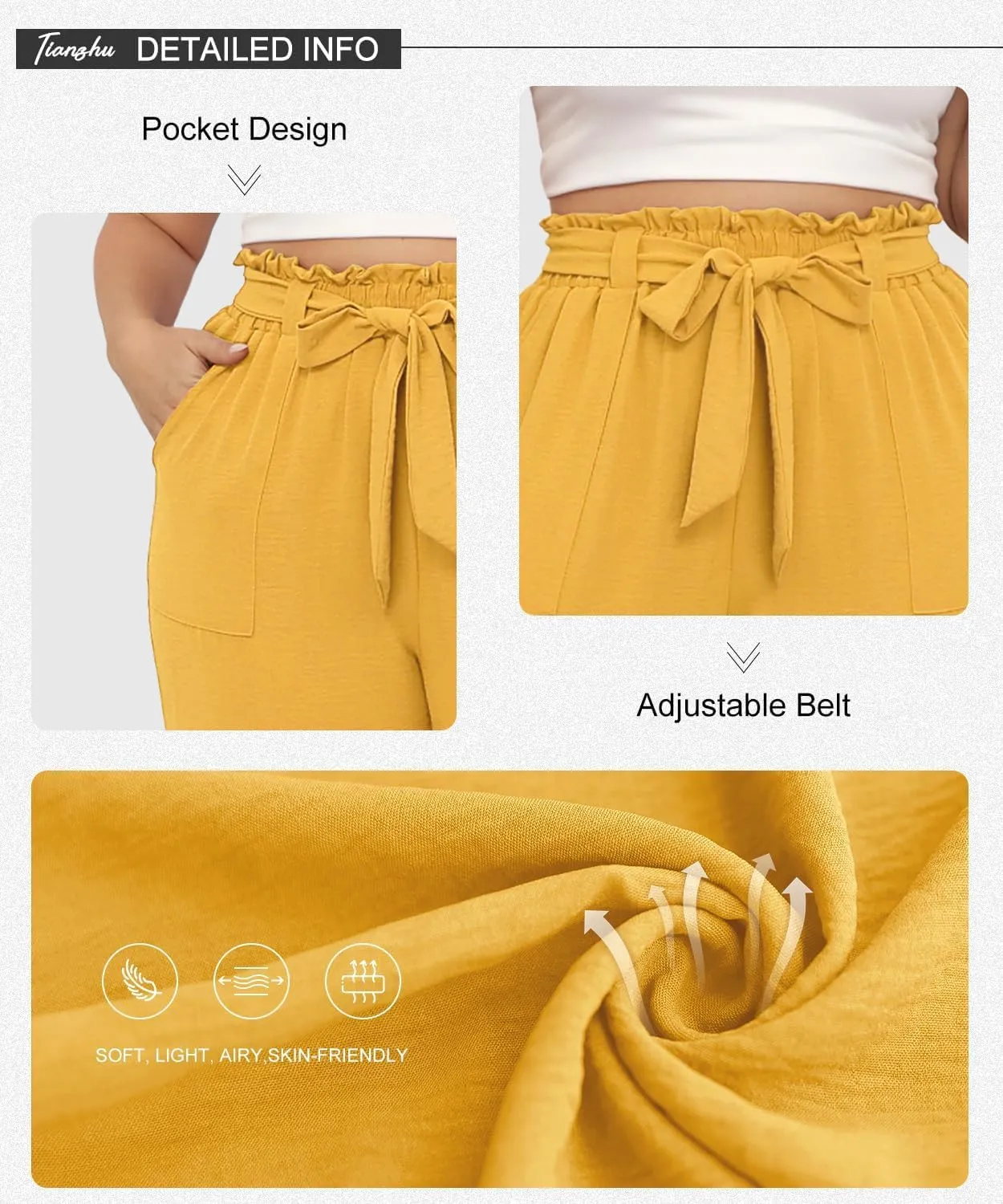 TIANZHU Plus Size Pants for Women - Wide Leg Linen Pants High Waisted Flowy Casual Lounge Trousers with Pockets