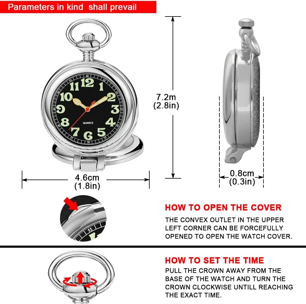 Tiong Transparent Cover Pocket Watches Quartz Arabic/Roman Numerals Men Customizable Back Cover Pocket Watch with Chain&Box