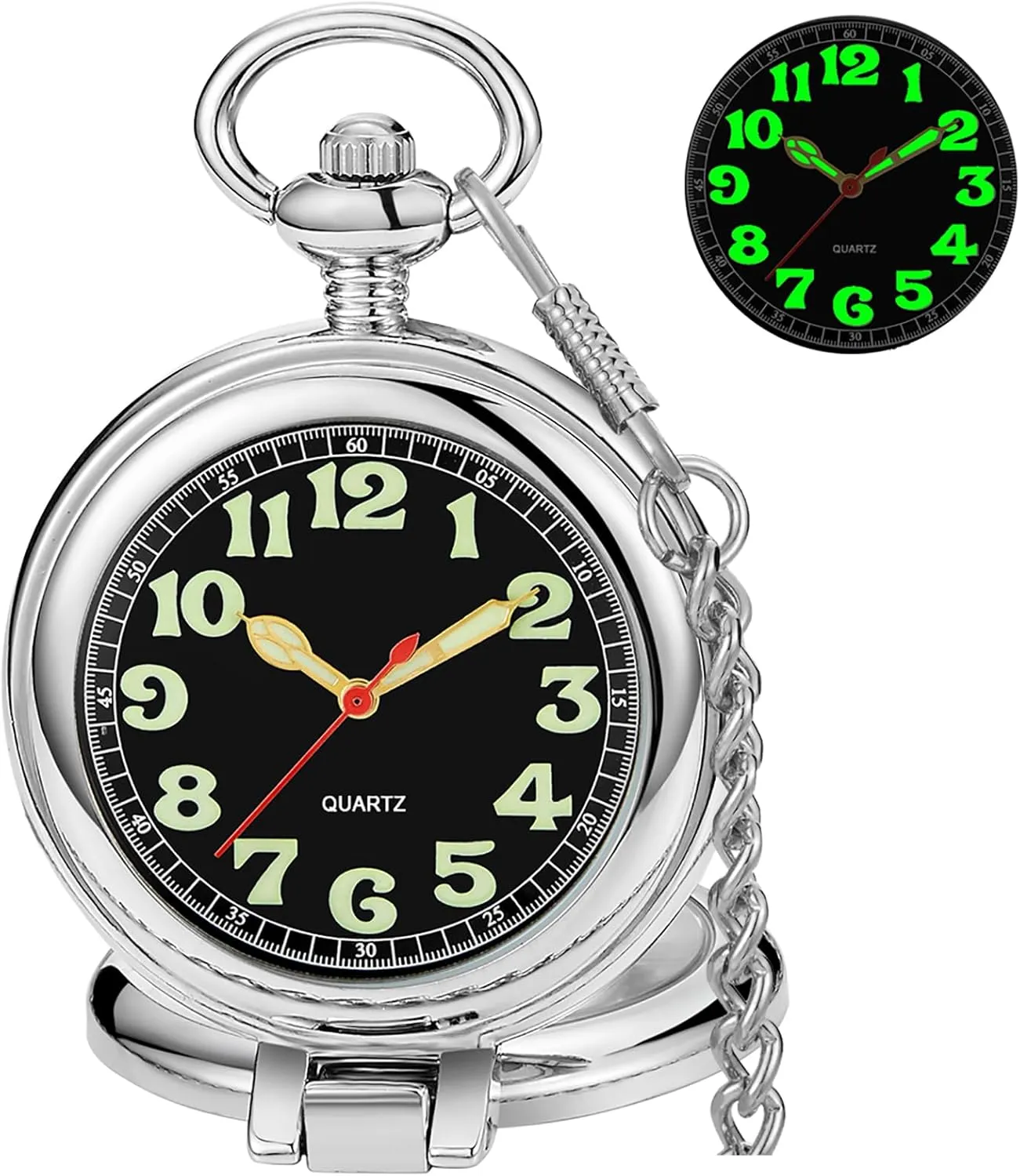 Tiong Transparent Cover Pocket Watches Quartz Arabic/Roman Numerals Men Customizable Back Cover Pocket Watch with Chain&Box