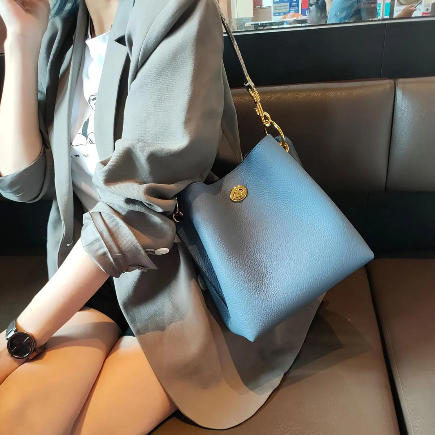Trendy bucket bag for women,genuine leather shoulder bag,tote,simple and versatile crossbody bag with two straps.Hobo Purse,