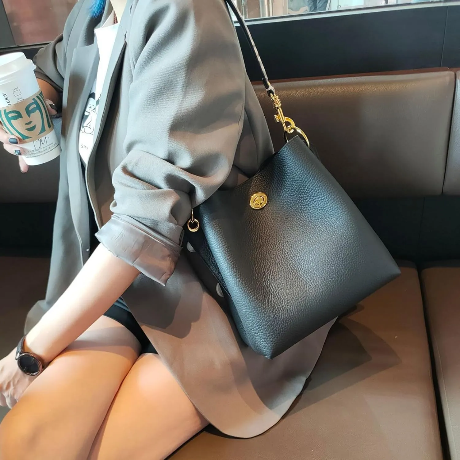 Trendy bucket bag for women,genuine leather shoulder bag,tote,simple and versatile crossbody bag with two straps.Hobo Purse,