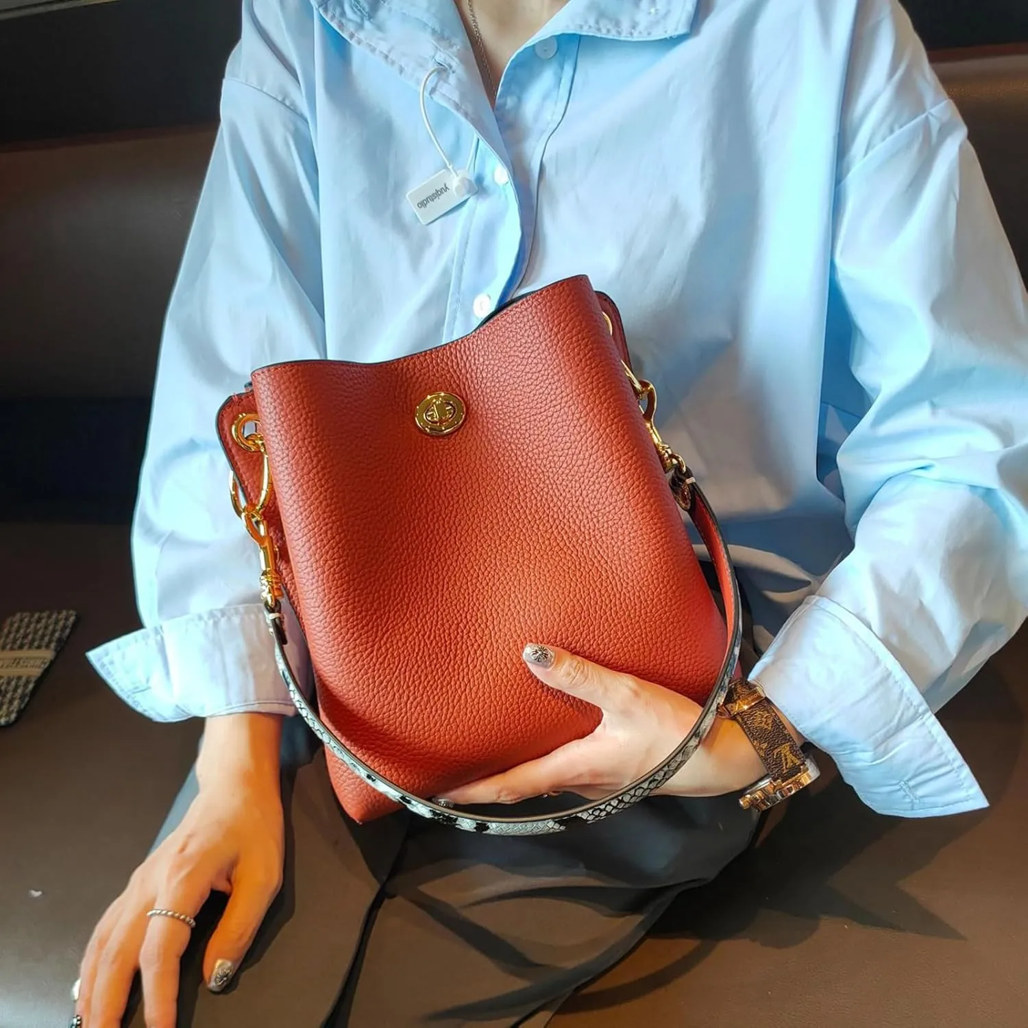 Trendy bucket bag for women,genuine leather shoulder bag,tote,simple and versatile crossbody bag with two straps.Hobo Purse,
