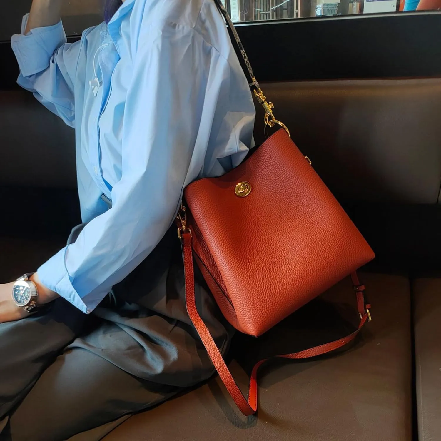Trendy bucket bag for women,genuine leather shoulder bag,tote,simple and versatile crossbody bag with two straps.Hobo Purse,