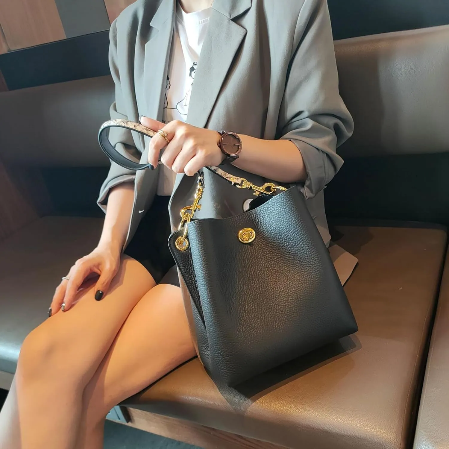 Trendy bucket bag for women,genuine leather shoulder bag,tote,simple and versatile crossbody bag with two straps.Hobo Purse,