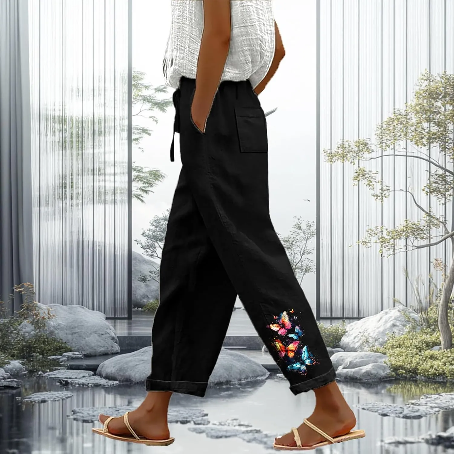 Trendy Pants for Women 2025 Floral Butterfly Print Lightweight Breathable Casual Beach Trousers with Pocket