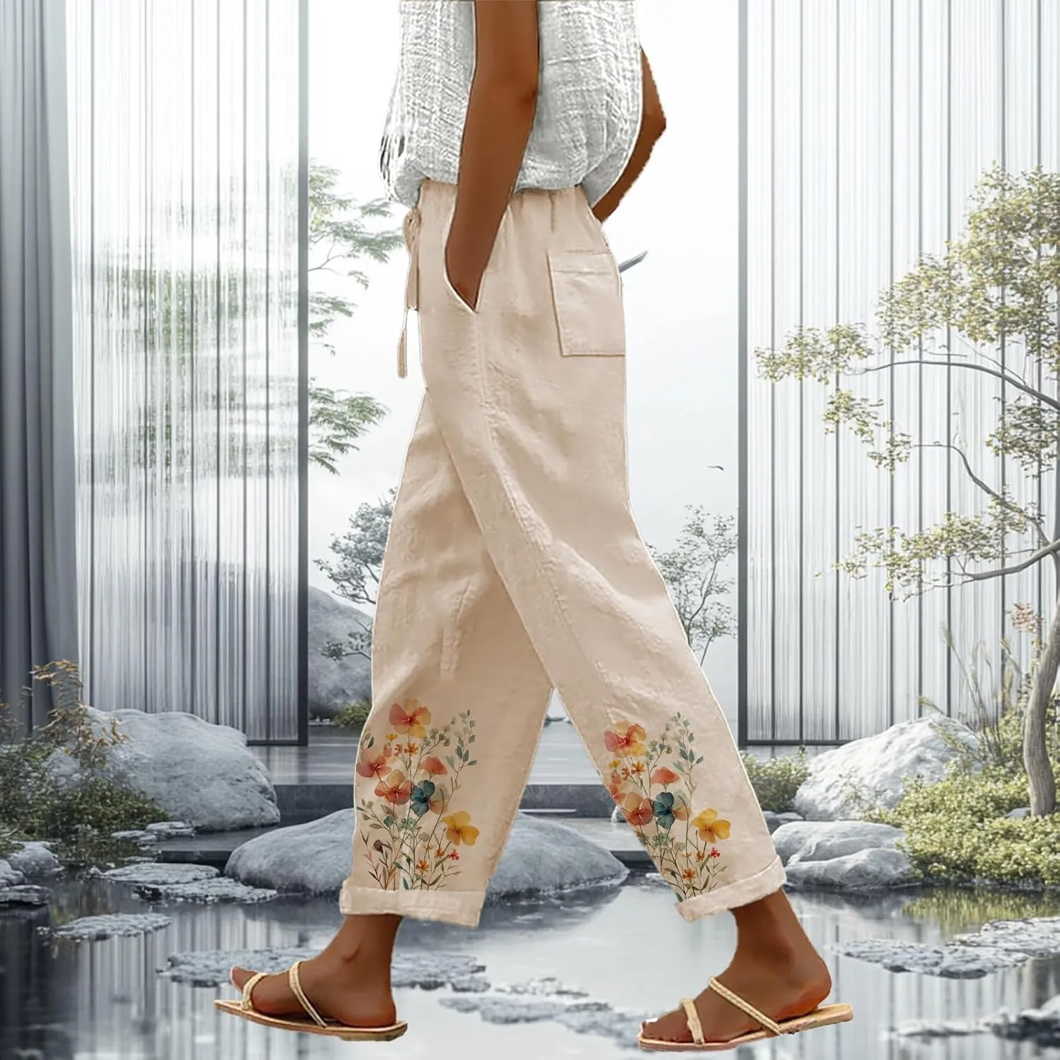 Trendy Pants for Women 2025 Floral Butterfly Print Lightweight Breathable Casual Beach Trousers with Pocket