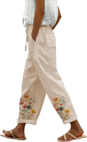 Trendy Pants for Women 2025 Floral Butterfly Print Lightweight Breathable Casual Beach Trousers with Pocket