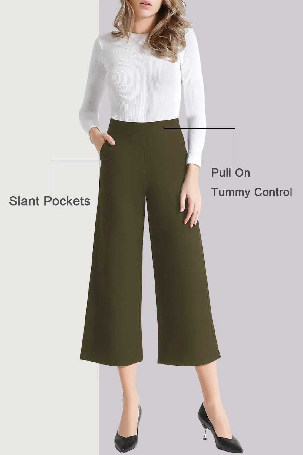 Tsful Wide Leg Pants for Women Trousers High Waisted Dress Pants Business Casual Summer Capris Stretch Pull On Work Slacks