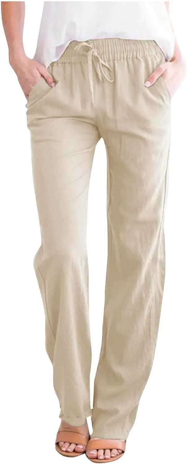 tuduoms Women Linen Casual Pants Summer Fashion Solid Elastic High Wasited Straight Pants Comfy Beach Trousers with Pockets