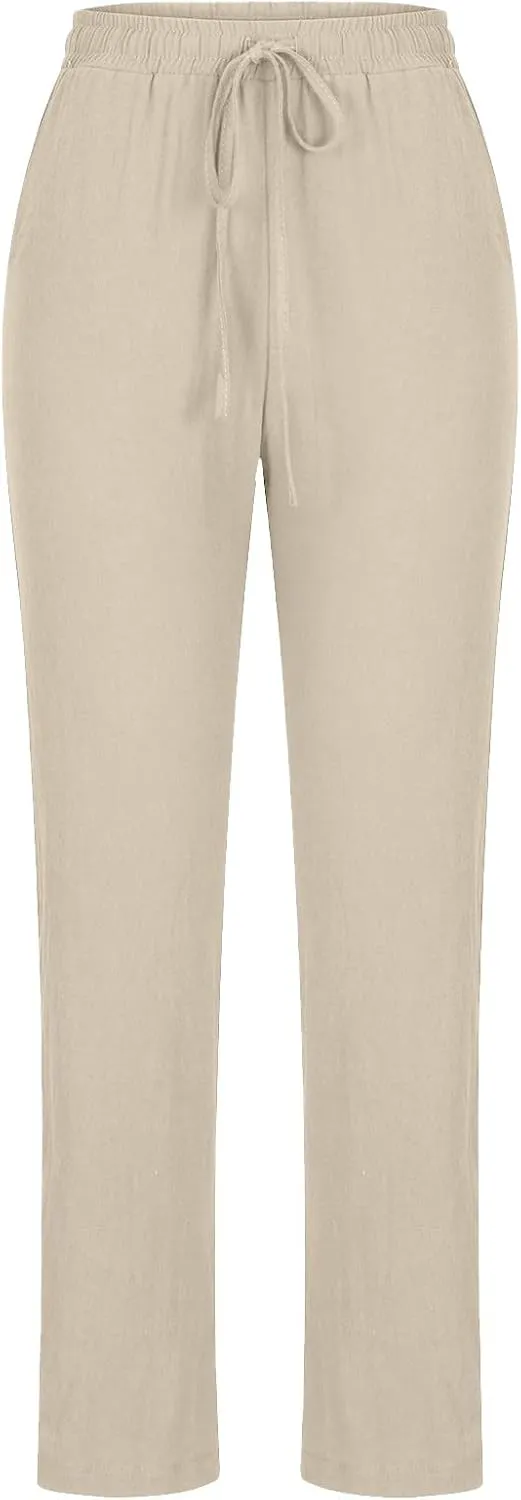 tuduoms Women Linen Casual Pants Summer Fashion Solid Elastic High Wasited Straight Pants Comfy Beach Trousers with Pockets