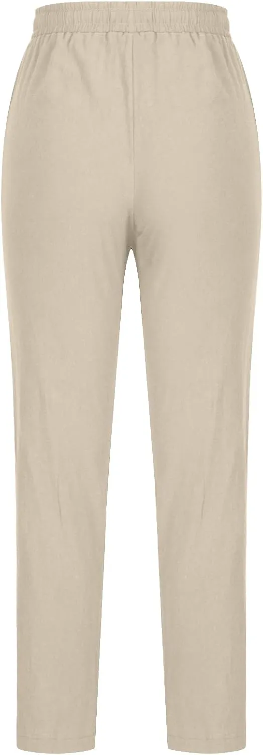 tuduoms Women Linen Casual Pants Summer Fashion Solid Elastic High Wasited Straight Pants Comfy Beach Trousers with Pockets