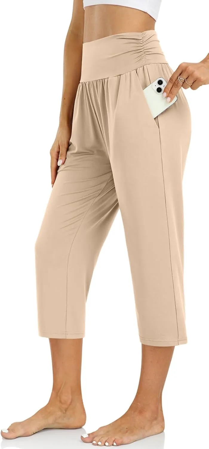 UEU Women's Capri Pants Summer Loose Yoga Pants Comfy Workout Cropprd Pants with Pockets