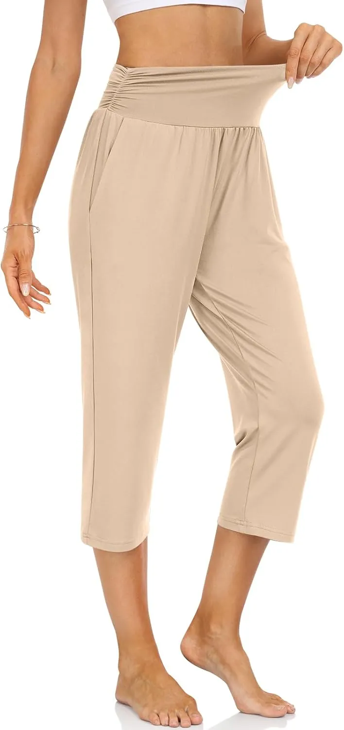 UEU Women's Capri Pants Summer Loose Yoga Pants Comfy Workout Cropprd Pants with Pockets