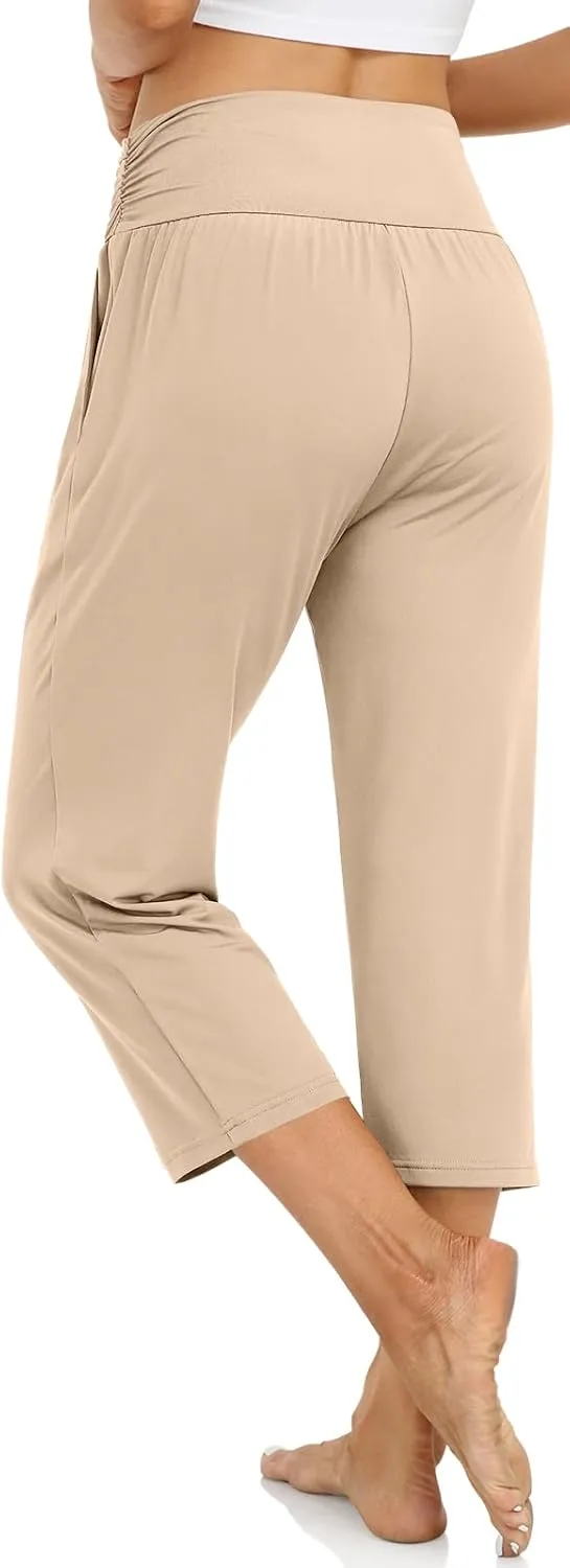 UEU Women's Capri Pants Summer Loose Yoga Pants Comfy Workout Cropprd Pants with Pockets
