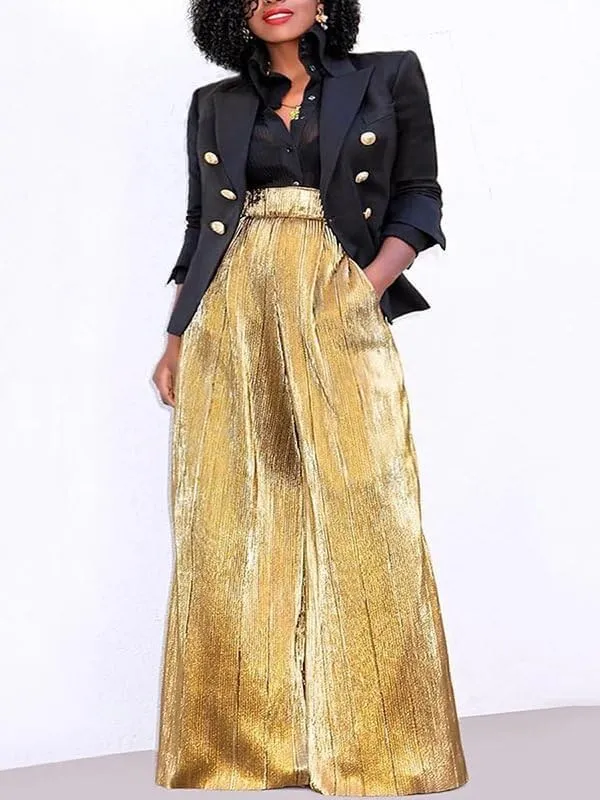 UOOZEE Women's High Waist Wide Leg Pants Shiny Party Nightout Clubwear Long Trousers Bottom