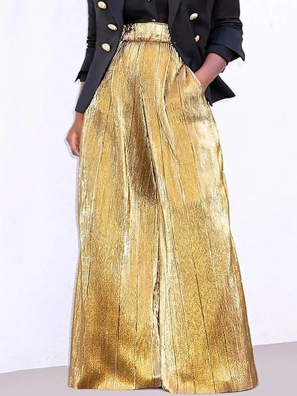 UOOZEE Women's High Waist Wide Leg Pants Shiny Party Nightout Clubwear Long Trousers Bottom