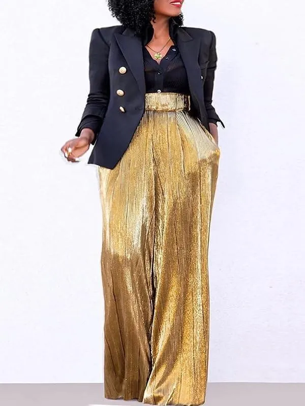 UOOZEE Women's High Waist Wide Leg Pants Shiny Party Nightout Clubwear Long Trousers Bottom