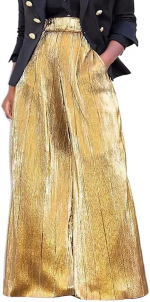 UOOZEE Women's High Waist Wide Leg Pants Shiny Party Nightout Clubwear Long Trousers Bottom