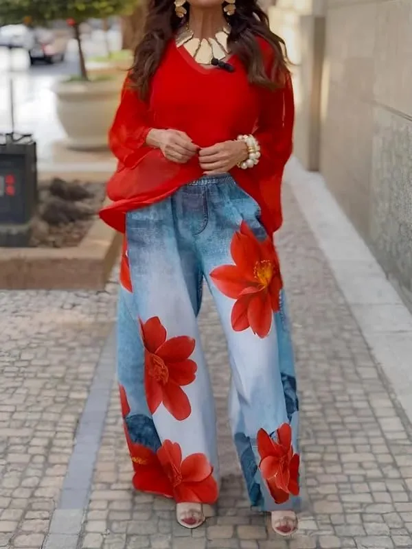 UOOZEE Women's Wide Leg Baggy Jeans Floral Elastic High Waist Loose Boyfriends Trousers Pants with Pockets