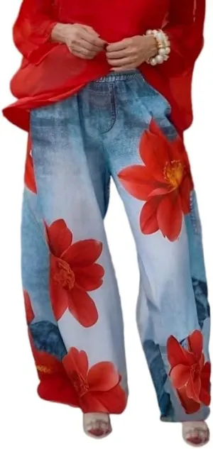UOOZEE Women's Wide Leg Baggy Jeans Floral Elastic High Waist Loose Boyfriends Trousers Pants with Pockets