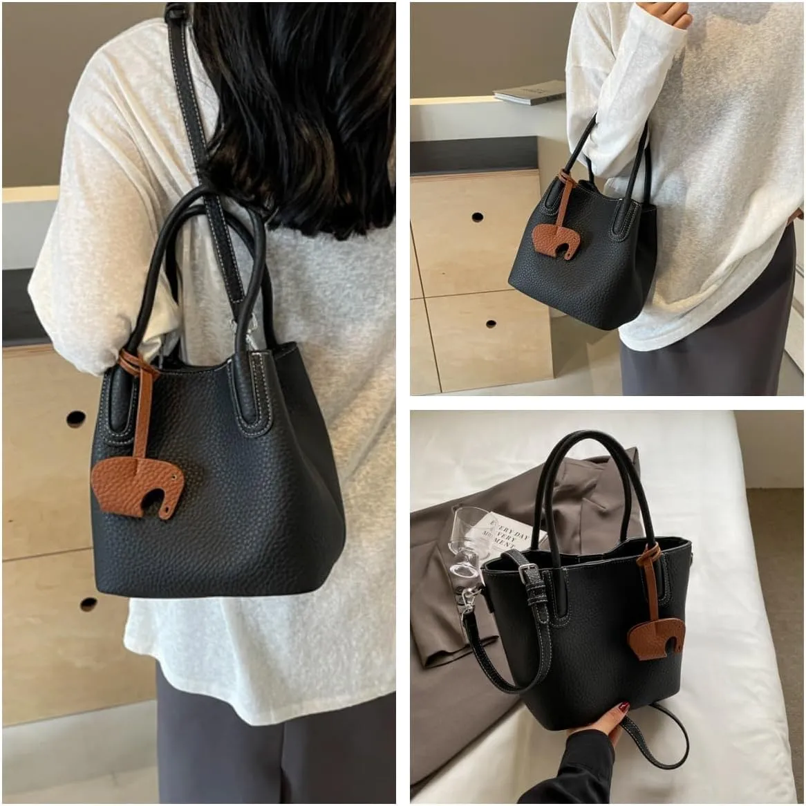 Versatile PU Leather Bucket Bag for Women  Small Crossbody Purse with Top Handle, Lightweight Shoulder Bag for Daily Use