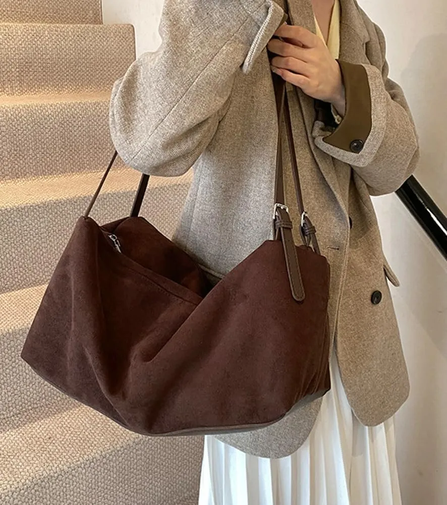 Versatile Suede Shoulder Bag for Women Large Capacity Hobo Bag Causal Satchel Purse Retro Crossbody Bag with Adjustable Strap