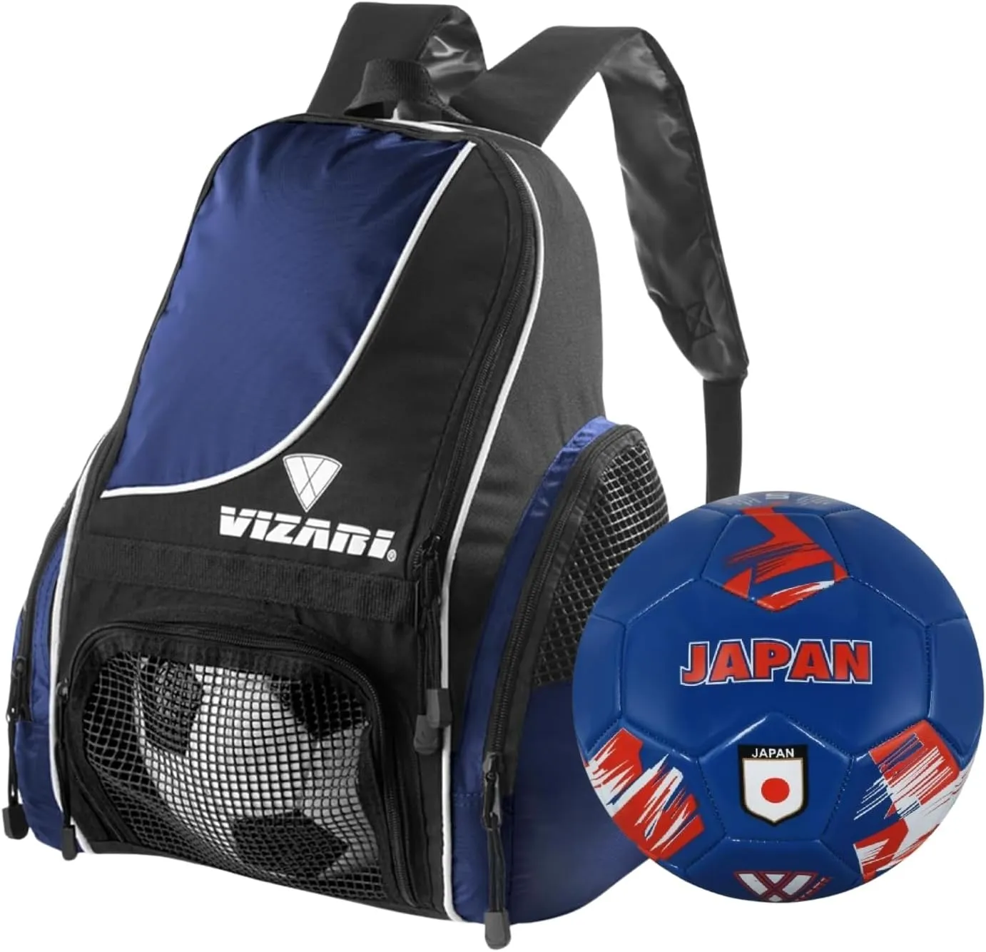 Vizari Solano Multi-Sport Backpack (Navy) with National Team Soccer Ball Combo | Versatile Sports Backpack with Durable Faux Leather & Rubber Country Ball (Japan, Size 5)