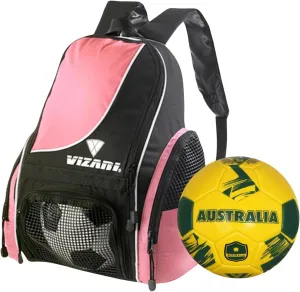 Vizari Solano Multi-Sport Backpack (Pink) with National Team Soccer Ball Combo | Versatile Sports Backpack with Durable Faux Leather & Rubber Country Ball (Australia, Size 3)