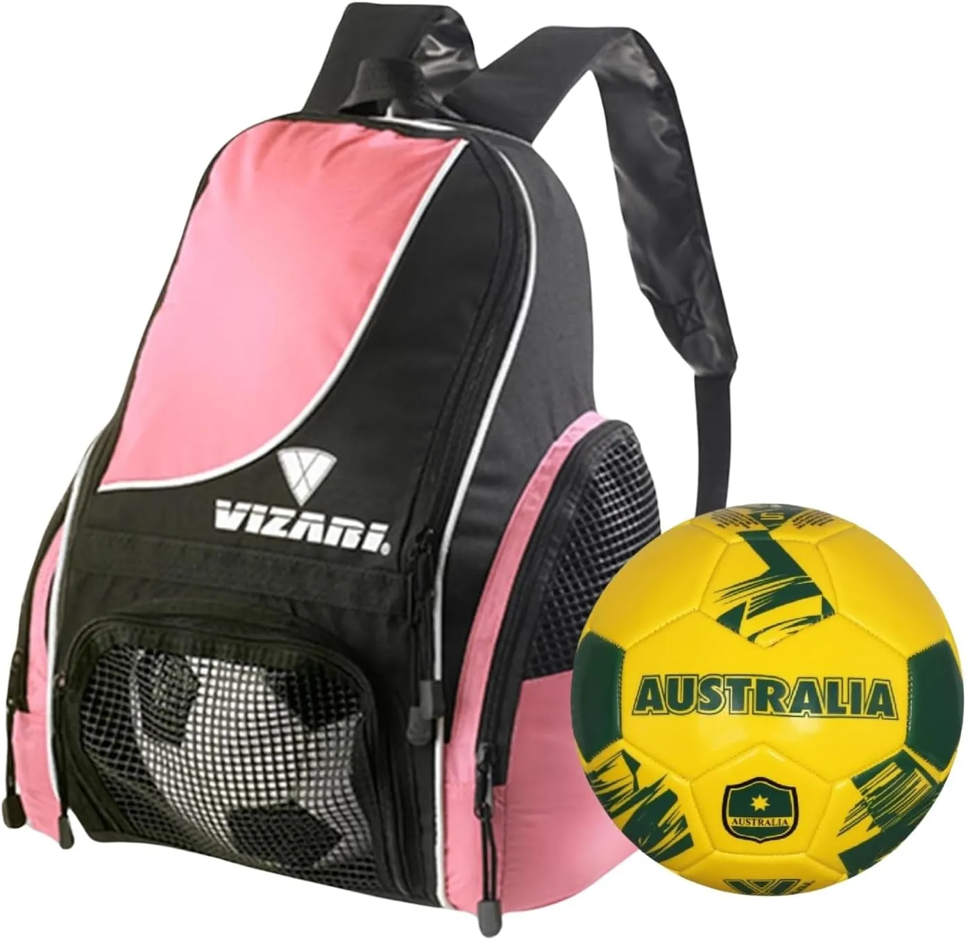 Vizari Solano Multi-Sport Backpack (Pink) with National Team Soccer Ball Combo | Versatile Sports Backpack with Durable Faux Leather & Rubber Country Ball (Australia, Size 3)