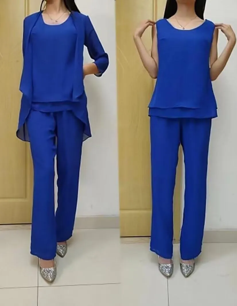 VK Selec Generous Chiffon Mother of The Bride 3 Pieces Straight Leg Pants Suits Wedding Formal Women