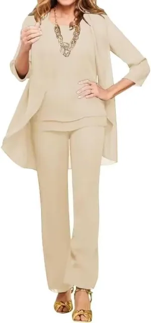 VK Selec Generous Chiffon Mother of The Bride 3 Pieces Straight Leg Pants Suits Wedding Formal Women