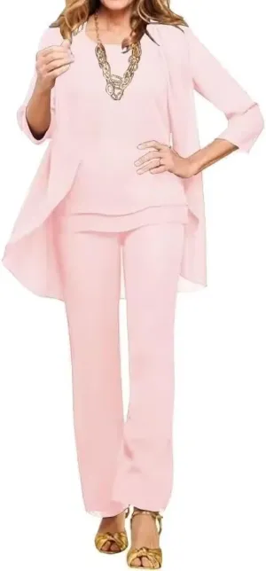 VK Selec Generous Chiffon Mother of The Bride 3 Pieces Straight Leg Pants Suits Wedding Formal Women