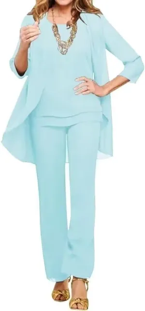 VK Selec Generous Chiffon Mother of The Bride 3 Pieces Straight Leg Pants Suits Wedding Formal Women