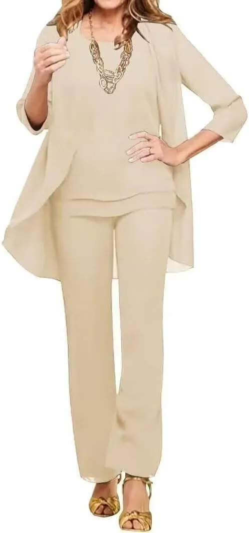 VK Selec Generous Chiffon Mother of The Bride 3 Pieces Straight Leg Pants Suits Wedding Formal Women