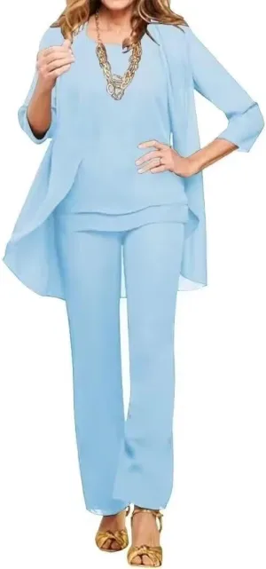 VK Selec Generous Chiffon Mother of The Bride 3 Pieces Straight Leg Pants Suits Wedding Formal Women