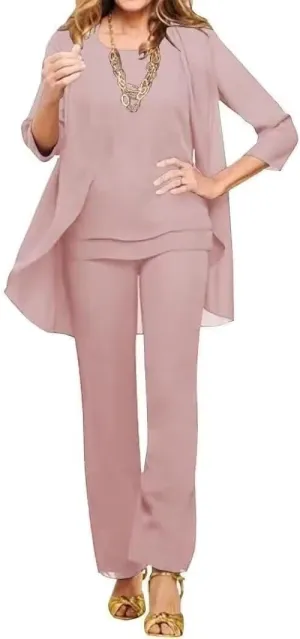 VK Selec Generous Chiffon Mother of The Bride 3 Pieces Straight Leg Pants Suits Wedding Formal Women