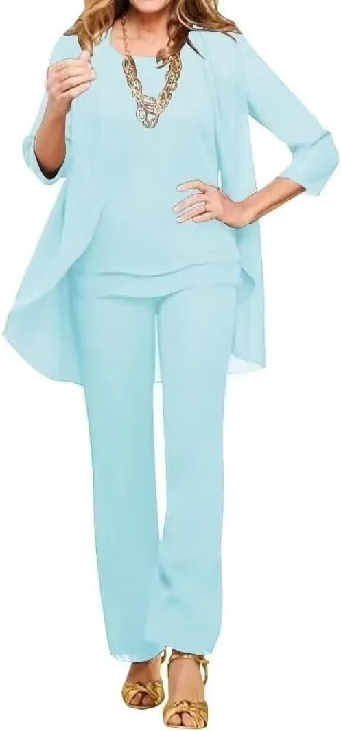 VK Selec Generous Chiffon Mother of The Bride 3 Pieces Straight Leg Pants Suits Wedding Formal Women