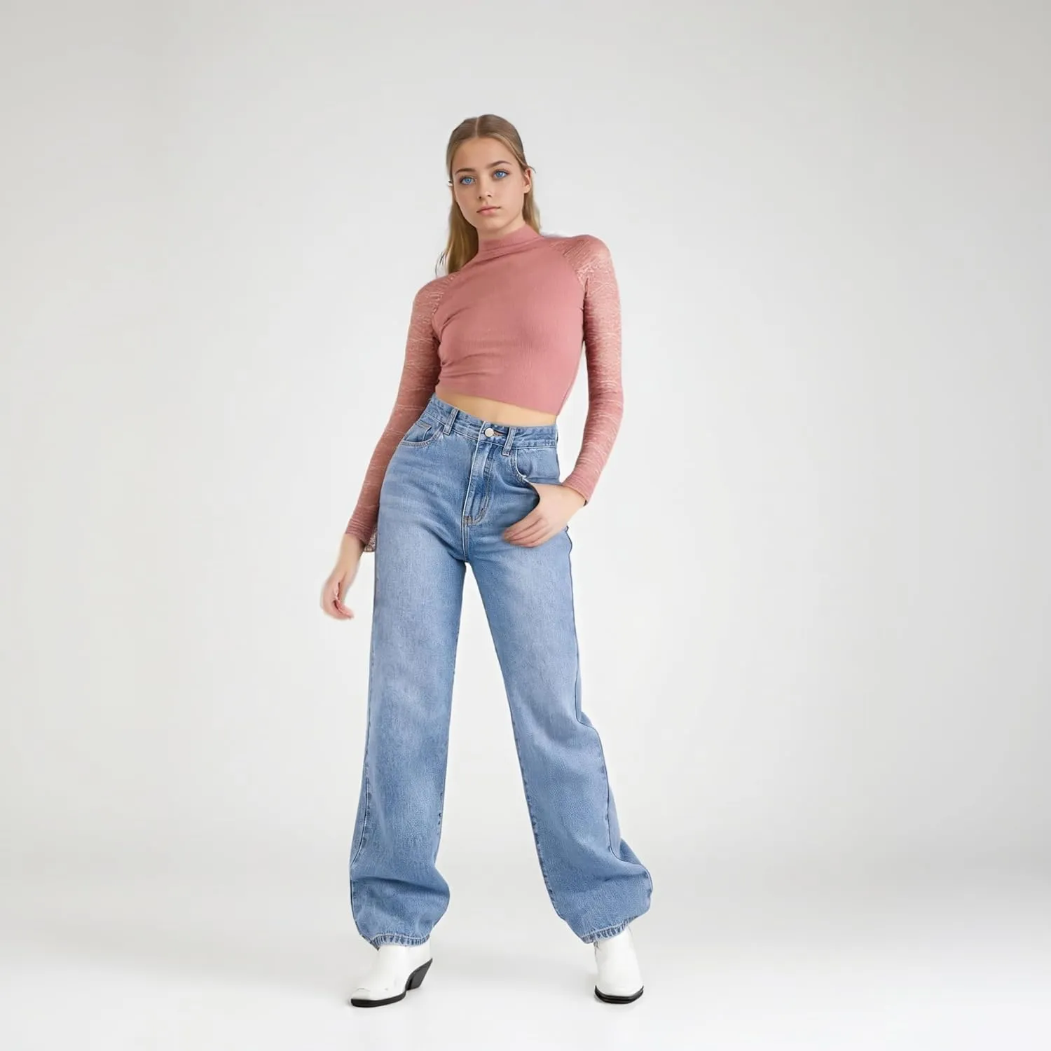 Wide Leg Jeans for Women Cropped High Waisted Trendy Button Fly Patch Pocket Stretchy Denim Pants Trousers Jeans