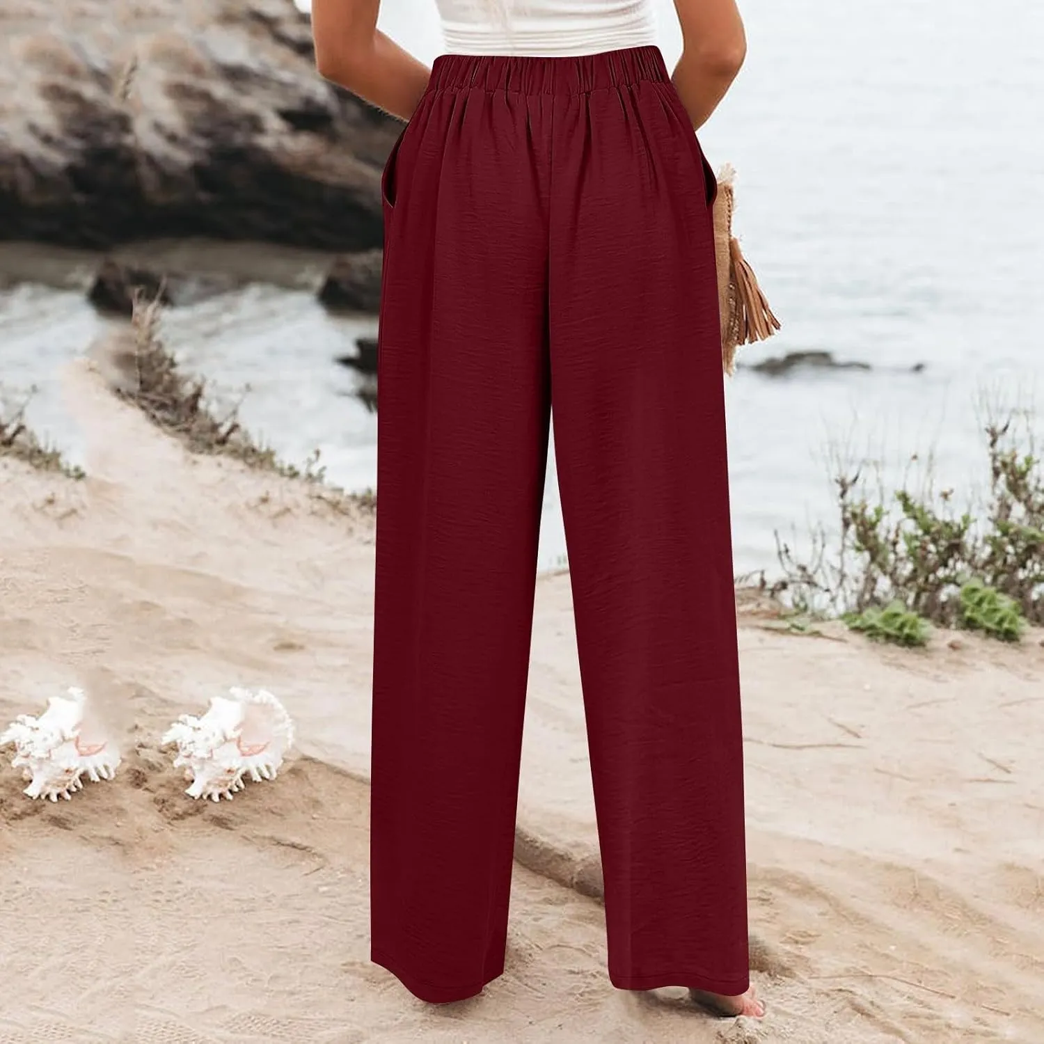 Wide Leg Pants for Women High Waist Solid Color Casual Trousers Comfy Workout Button Pants with Pockets