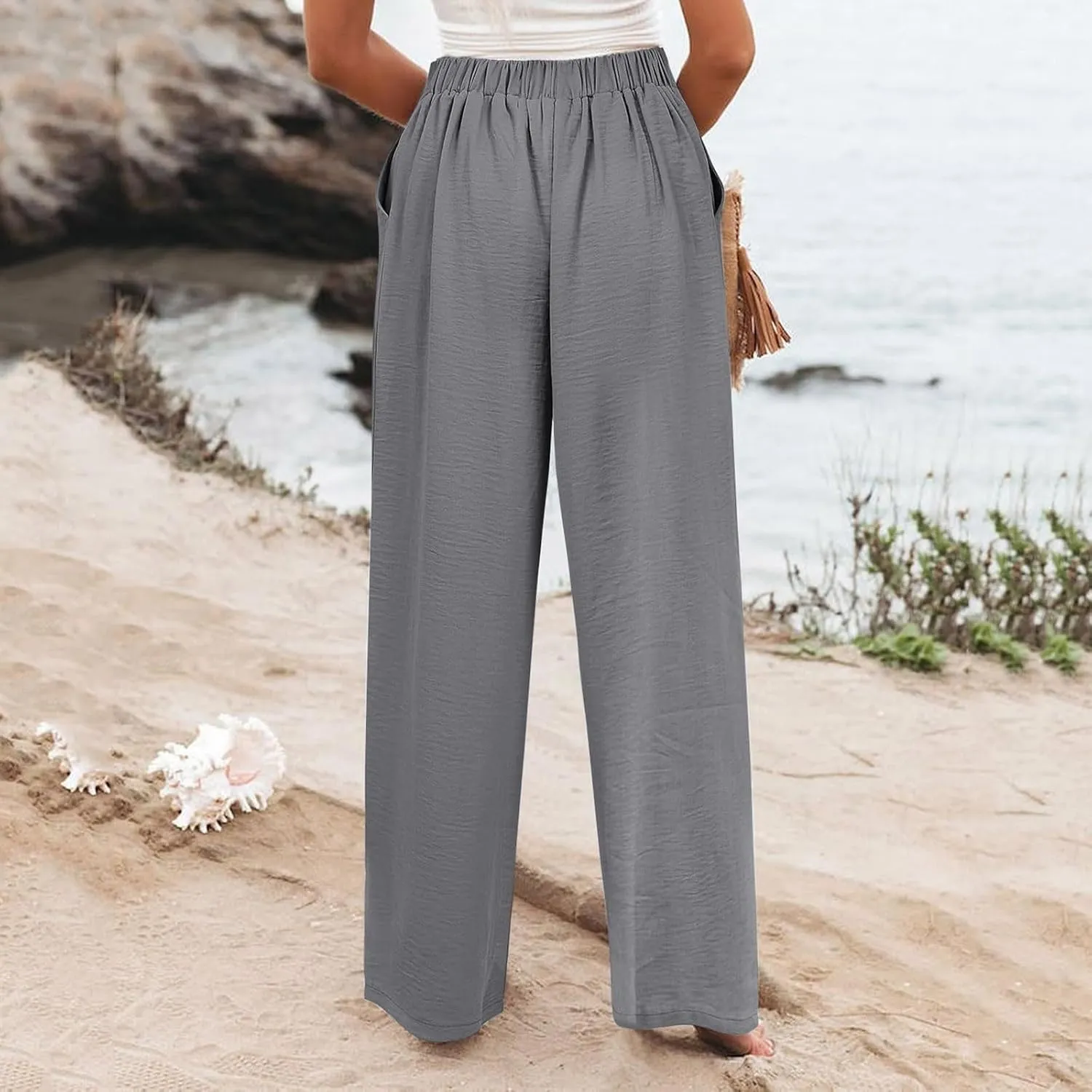Wide Leg Pants for Women High Waist Solid Color Casual Trousers Comfy Workout Button Pants with Pockets