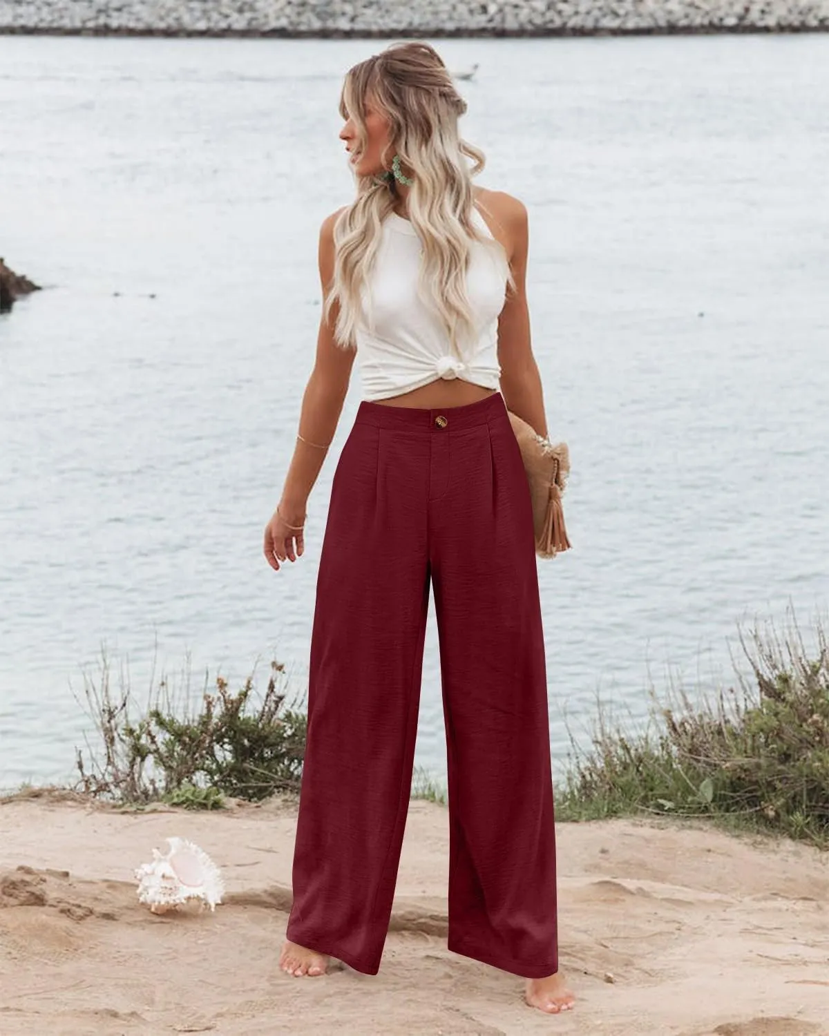 Wide Leg Pants for Women High Waist Solid Color Casual Trousers Comfy Workout Button Pants with Pockets