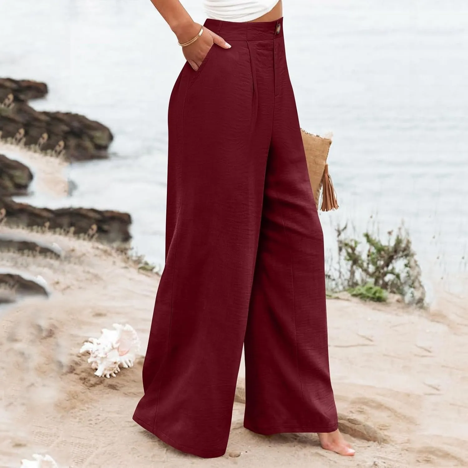 Wide Leg Pants for Women High Waist Solid Color Casual Trousers Comfy Workout Button Pants with Pockets