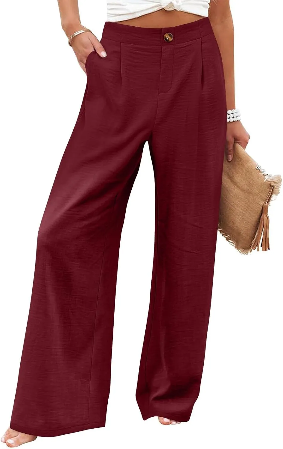 Wide Leg Pants for Women High Waist Solid Color Casual Trousers Comfy Workout Button Pants with Pockets