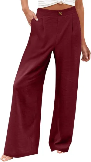 Wide Leg Pants for Women High Waist Solid Color Casual Trousers Comfy Workout Button Pants with Pockets