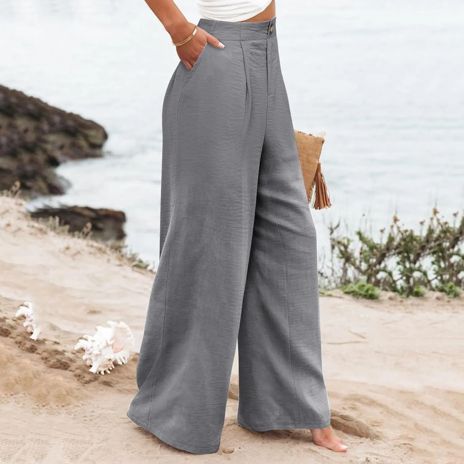 Wide Leg Pants for Women High Waist Solid Color Casual Trousers Comfy Workout Button Pants with Pockets