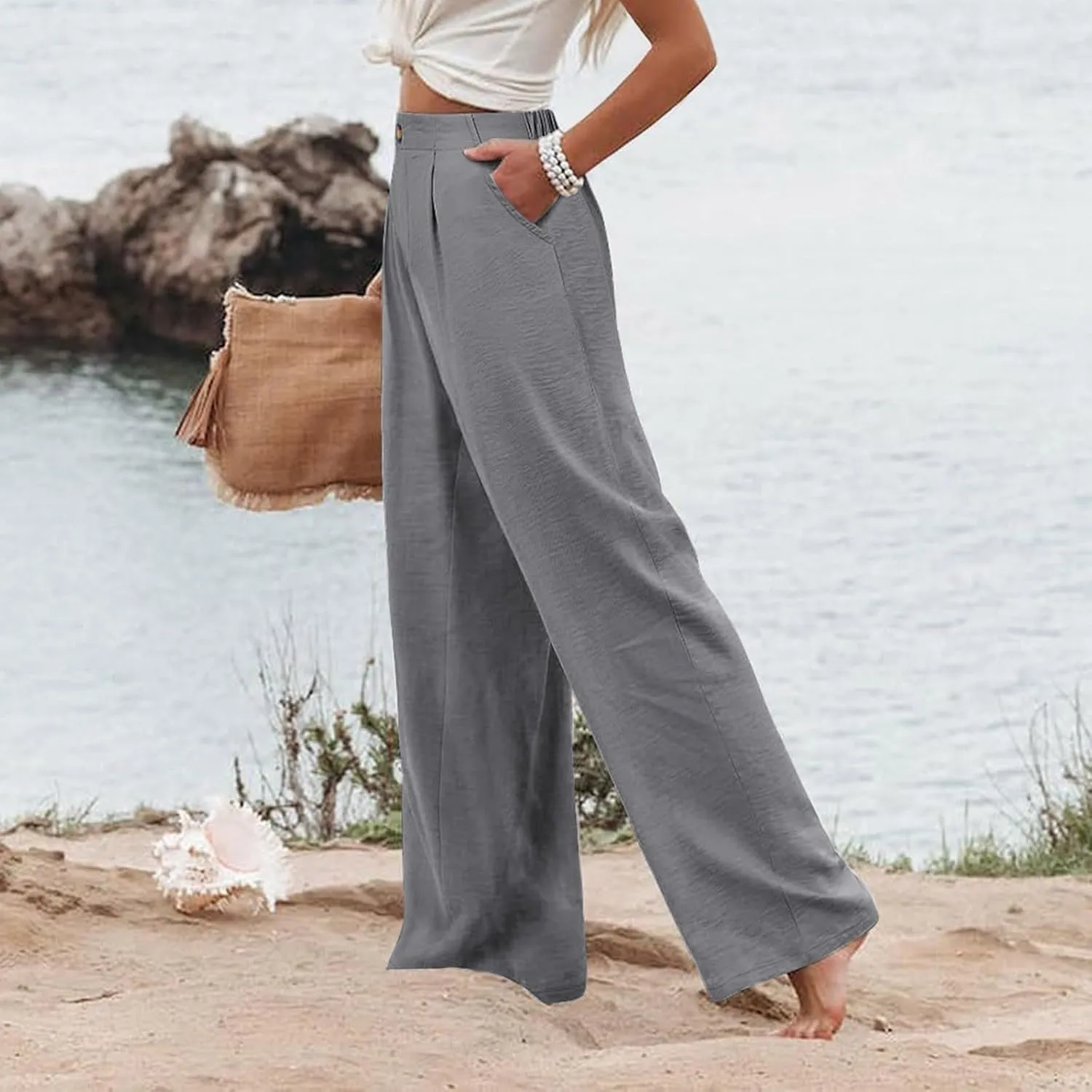 Wide Leg Pants for Women High Waist Solid Color Casual Trousers Comfy Workout Button Pants with Pockets