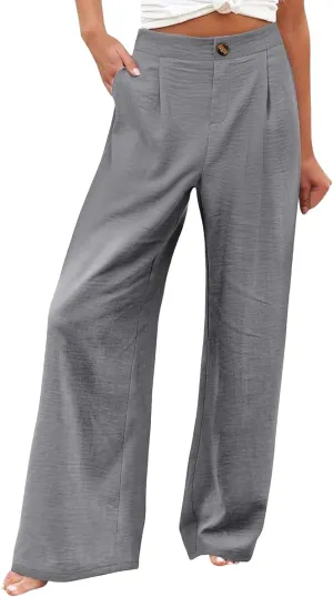 Wide Leg Pants for Women High Waist Solid Color Casual Trousers Comfy Workout Button Pants with Pockets