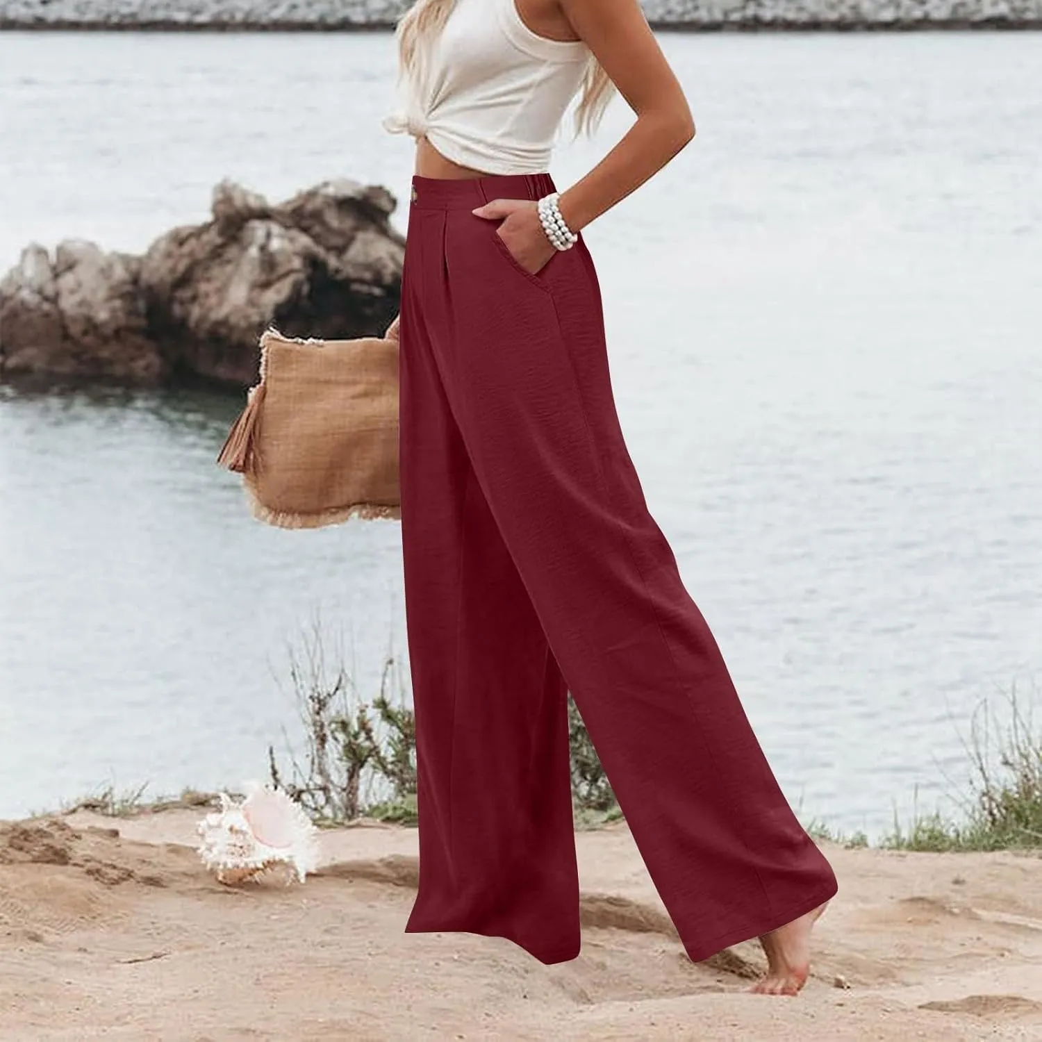 Wide Leg Pants for Women High Waist Solid Color Casual Trousers Comfy Workout Button Pants with Pockets