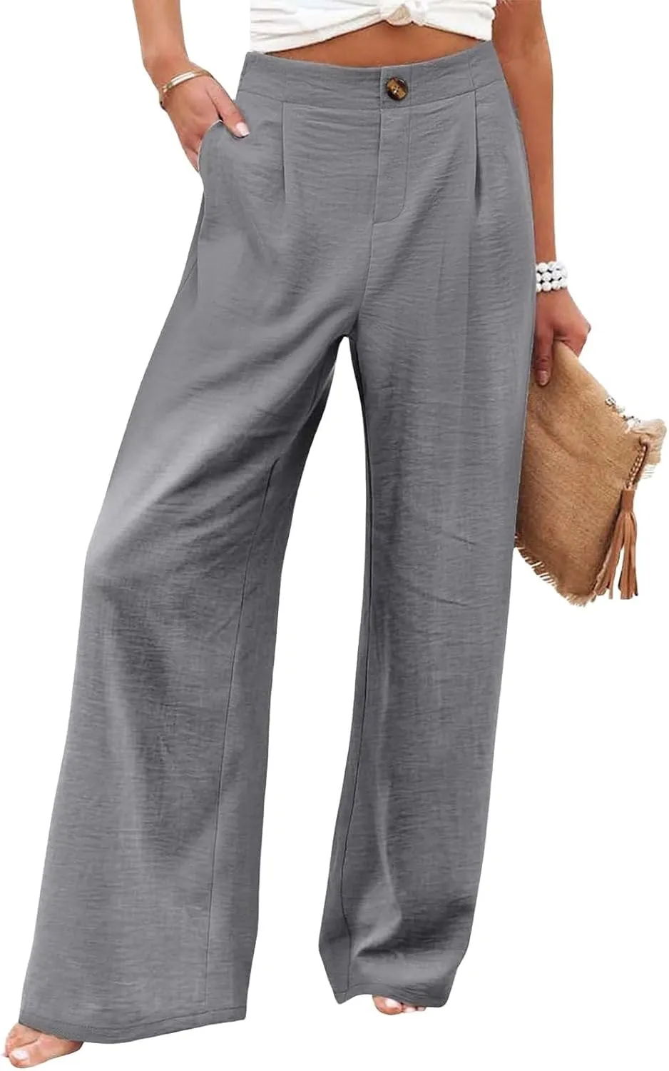 Wide Leg Pants for Women High Waist Solid Color Casual Trousers Comfy Workout Button Pants with Pockets